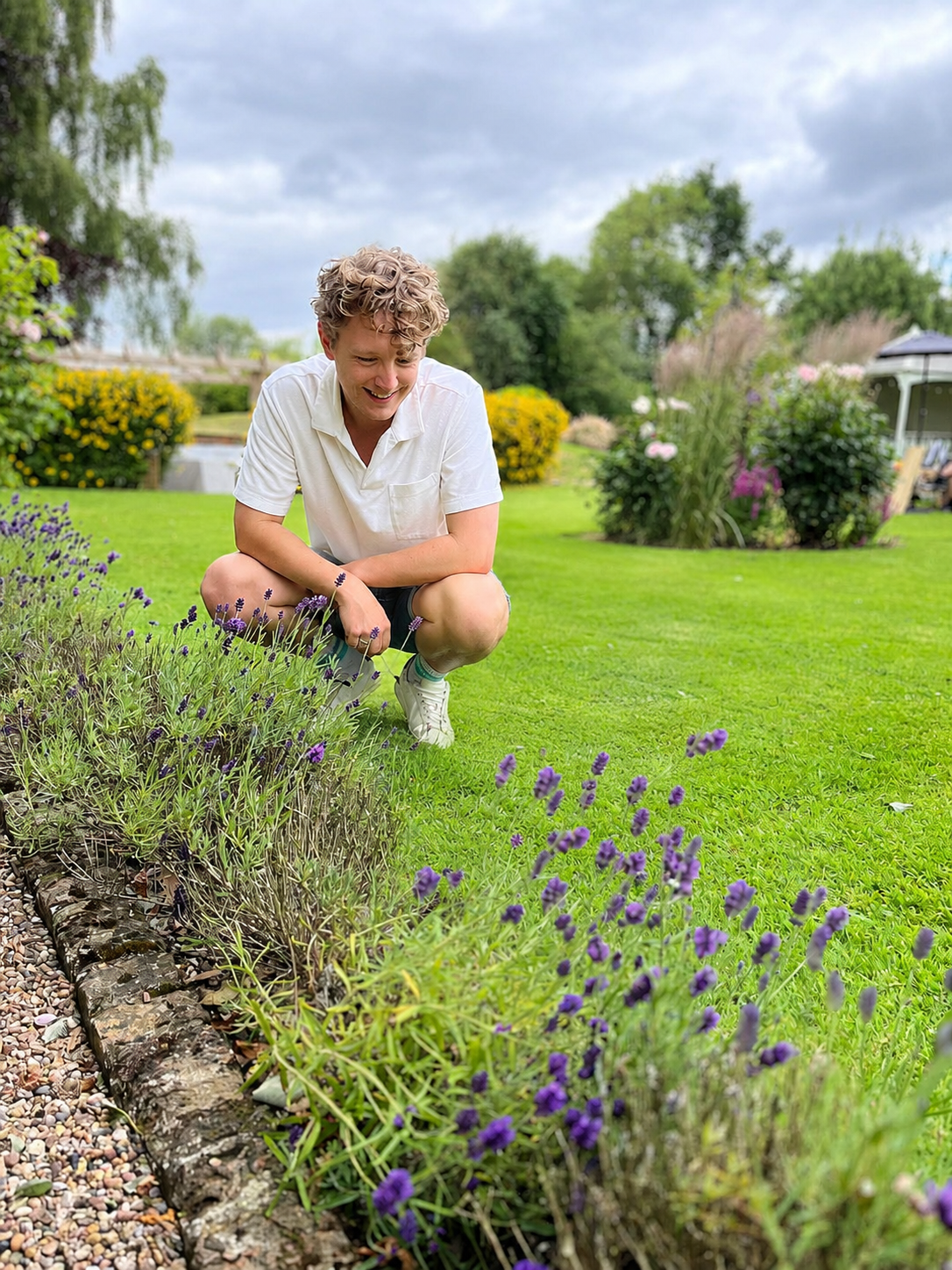 Ben Papworth, Garden Consultant, crouching beside lavender in a garden